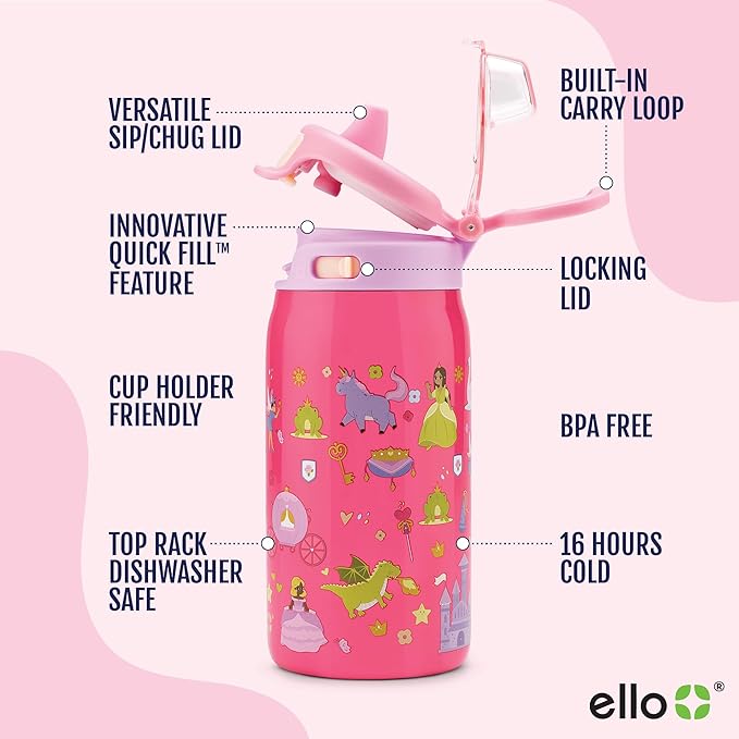 Ello Pop & Fill 12oz Stainless Steel Kids Water Bottle with Quick Fill Lid | Vacuum Insulated BPA Free Bottle with Leak Proof Straw and Chug Lid, Dishwasher Safe, Gift For Kids, Royal Palace