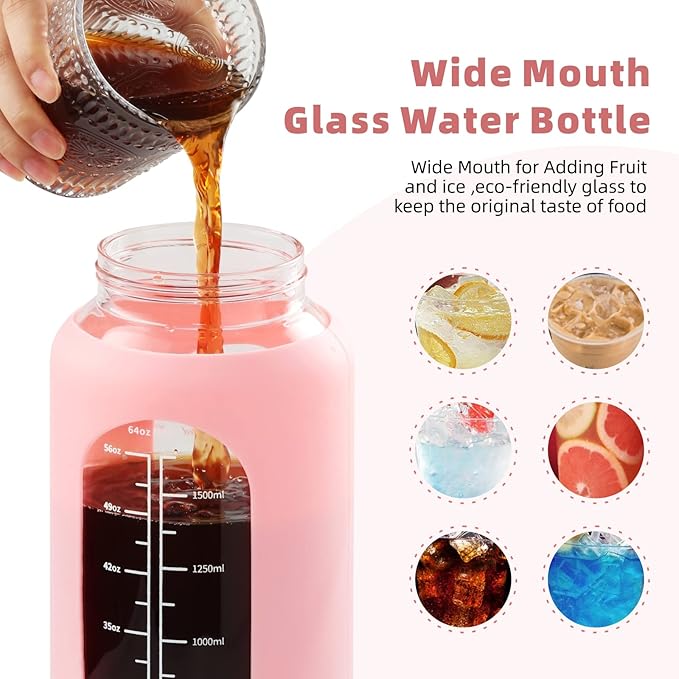 SIEROZUR 64 oz Glass Water Bottle with Straw and Handle Lid Half Gallon Motivational Glass Bottle with Silicone Sleeve and Time Marker Large Reusable Sports Water Jug for Gym Home Workout