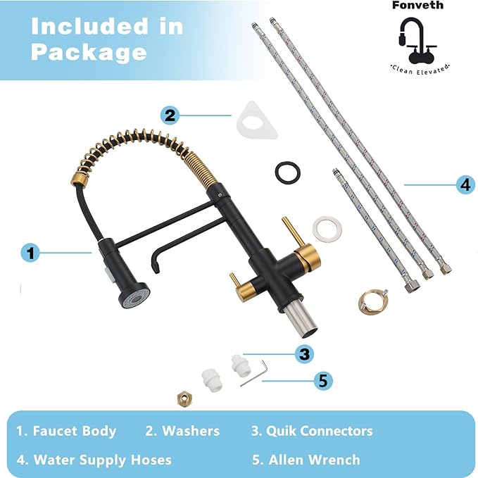 3 Way Kitchen Faucet, Drinking Water Faucet, Filter Kitchen Faucet for Water Filtration System, 3 in 1 Commercial Style Pull-Down 2 Handles, Black and Brushed Gold
