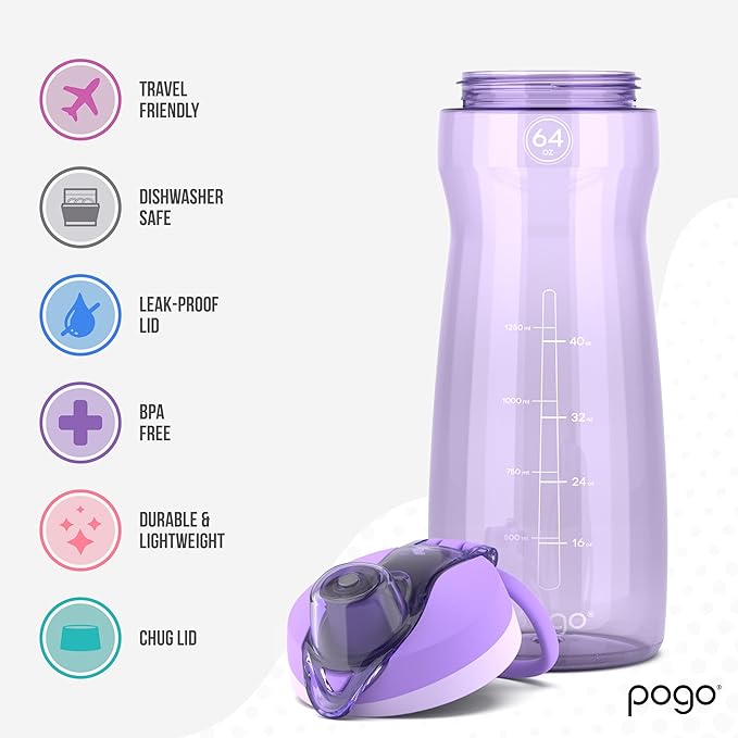 Pogo 64oz Plastic Water Bottle with Leak-Proof Chug Lid and Carry Handle, Reusable, BPA Free, Capacity Markings, Dishwasher Safe, Perfect for Travel, School, Outdoors, and Gym, Lilac