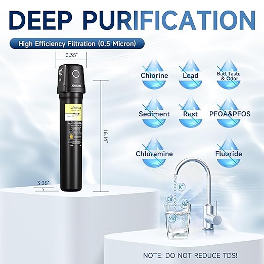 AQUALTRA USF02-BKF Under Sink Water Filter System, 20K Gallons with Faucet, NSF/ANSI 372/CAN Certified, 0.5 μm Filter Reduces PFOA/PFOS, Chlorine, Lead, Chloramine, Fluoride, Bad Taste & Odor
