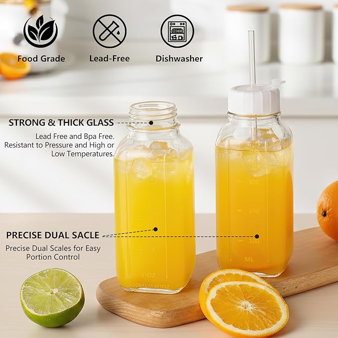 Ruckae 16oz 12 Pack Glass Juice Bottles with Hole Lids - Reusable Square Glass Juice Bottles with Leak-Proof Lid & Capacity Marks for Containers Juicing,Milk,Smoothies