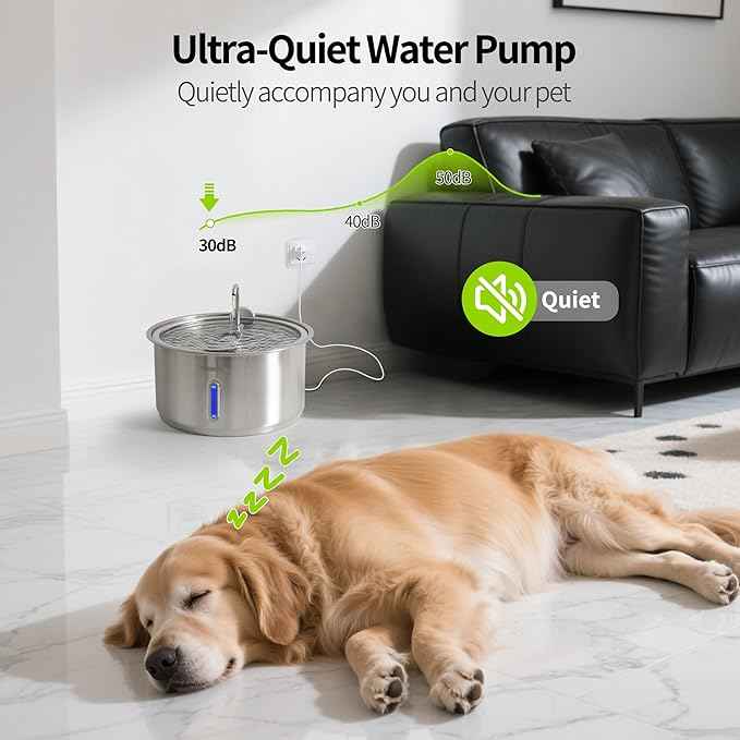 Dog Water Fountain, 11L/2.8Gal Quiet Dog Fountain Water Bowl with Visible Window Stainless Steel Dog Water Fountain with 2 Spray Modes and 15 Fliters for Large Medium Small Dogs Pets
