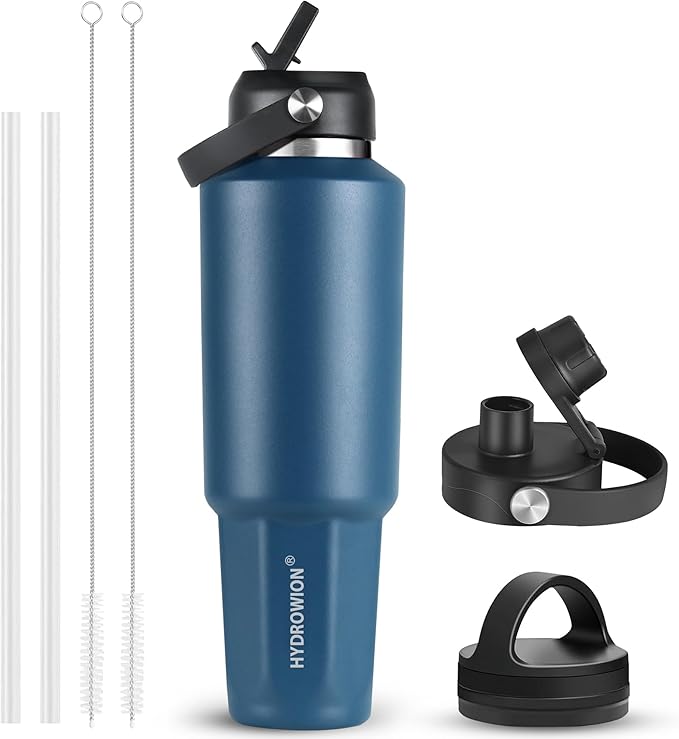 HYDROWION 32 oz Insulated Water Bottle, Car Water Bottle Holder - Double Wall Vacuum Insulated Travel Bottle with Straw Lid, Spout Lid and Flex Cap - Cold for 24H, Hot for 12H, Cobalt