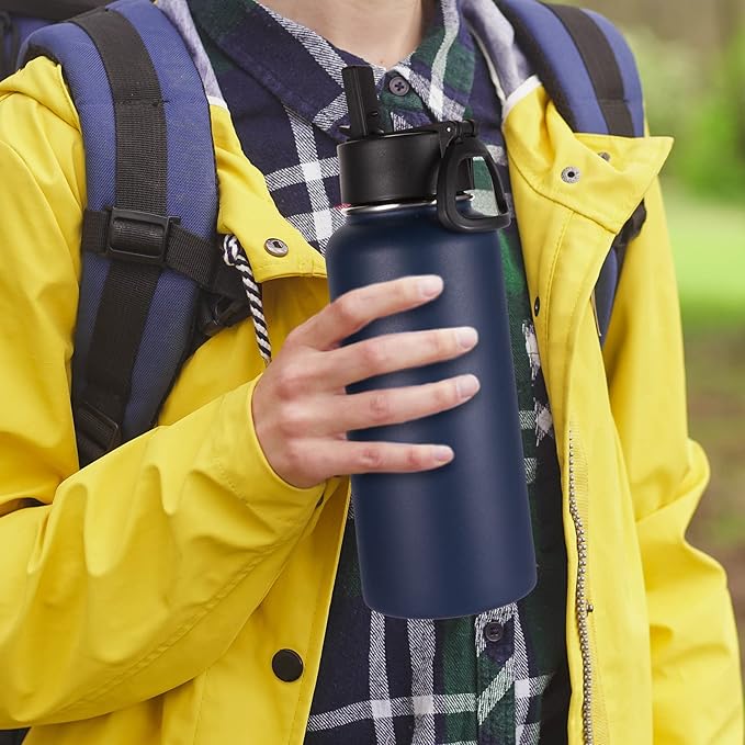 Volhoply 32oz Insulated Water Bottles Bulk 8 Pack with Straw Lid & Spout Lid,Stainless Steel Sports Water Bottle,Double Wall Vacuum Cups,Leakproof Wide Mouth Metal Flask for Hiking,Camping(Navy,8)