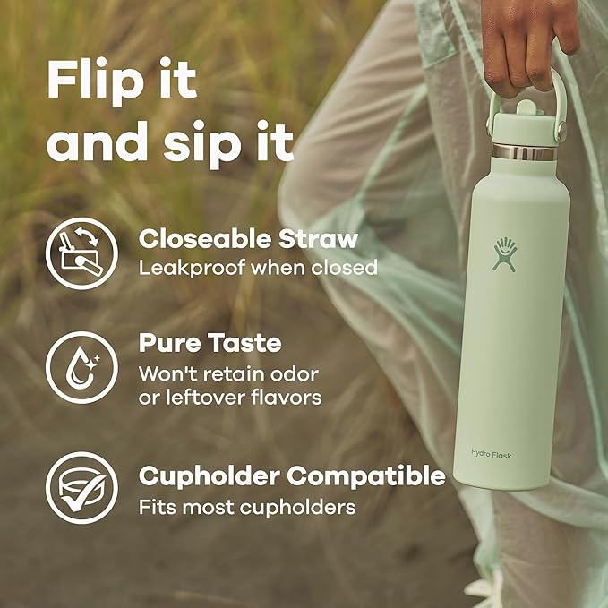 Hydro Flask Water Bottle - Insulated Stainless Steel - Straw Lid, Non Spill, Leakproof 24 Oz Surf Blue