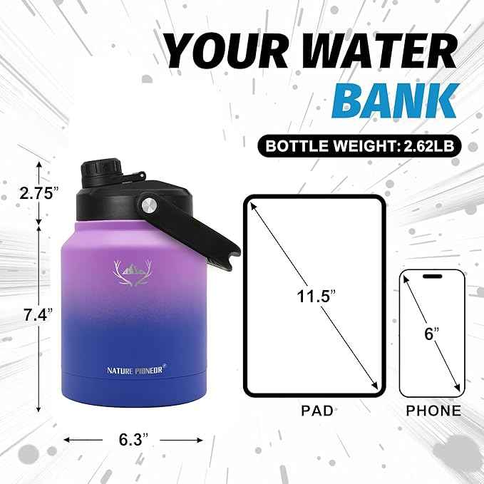 NATURE PIONEOR 84 oz Insulated Water Bottle - Double Vacuum Stainless Steel Water Jug with Holder/Carrier, Wide Mouth, Outdoor Sports, Hiking, Camping, Gym