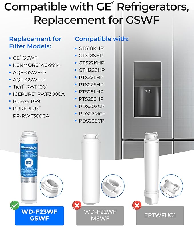 Waterdrop GSWF Refrigerator Water Filter, Replacement for GE® GSWF Smart Water 238C2334P001, Kenmore 46-9914, 469914, 9914, 3 Filters(Package May Vary)