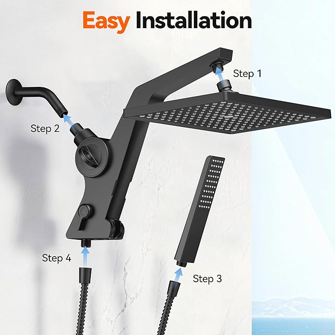 MakeFit Filtered Rain Shower Head with Handheld Combo High Pressure 12'' Rainfall Shower Heads & Hidden Detachable Wand Dual Showerhead Water Softener for Hard Water Easy Filter Replacement