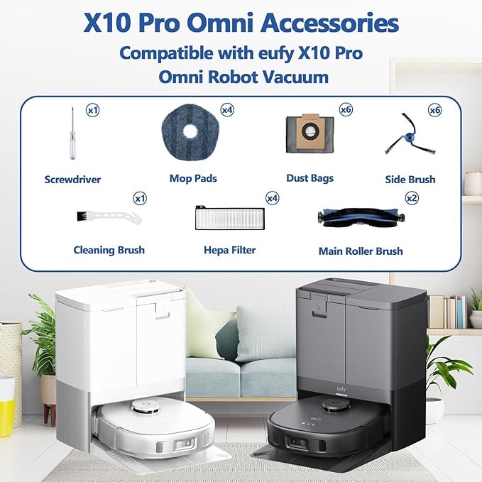 24 Pack X10 Pro Omni Replacement Accessories Kit for Eufy X10 Pro Omni Robot Vacuum Cleaner, 2 Main Brushes 4 Hepa Filter 4 Mop Pads 6 Dust Bags 6 Side Brushes 1 Screwdriver 1 Cleaning Brush - AquaVibe