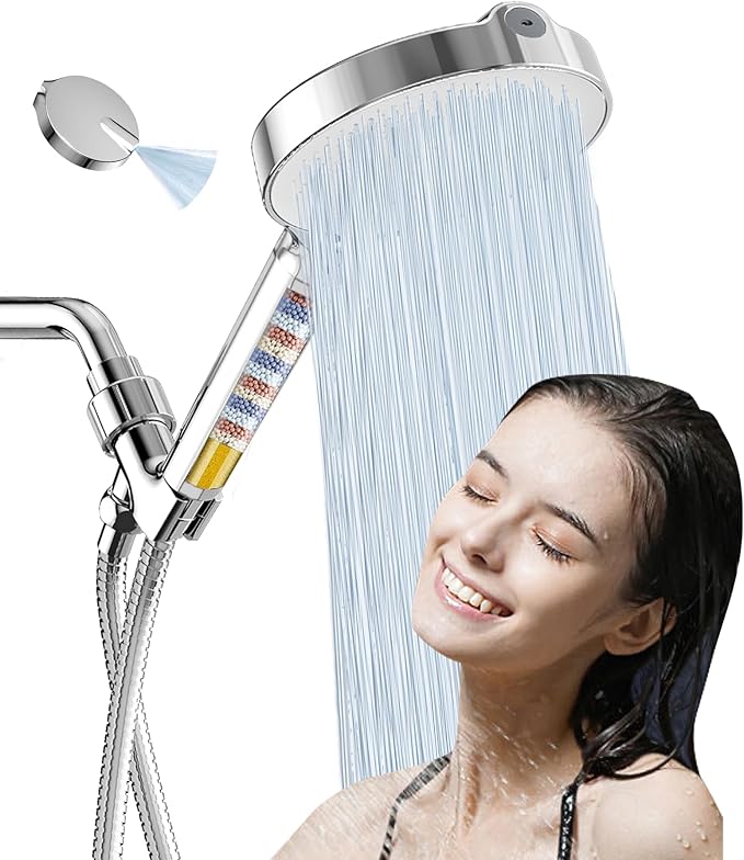 6“ Filtered Shower Head with Handheld, 6 Modes High Pressure Shower Head with Filter for Hard Water, Detachable Showerhead with Stainless Steel Hose and Shower Arm Bracket, Chrome-White - AquaVibe