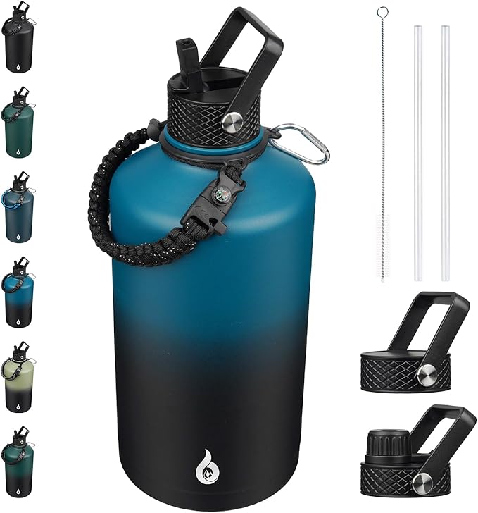 BJPKPK 1 Gallon Water Bottle with Straw Lid, 128oz Large, Stainless Steel Water Bottles with 3 Lids and Paracord Strap, Double Wall Vacuum Metal Water Jug, Blue & Black