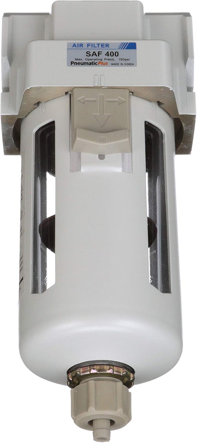 PneumaticPlus SAF400-N04B Compressed Air Particulate Filter 1/2" NPT, 10 Micron Element, Poly Bowl, Manual Drain, Bracket - AquaVibe
