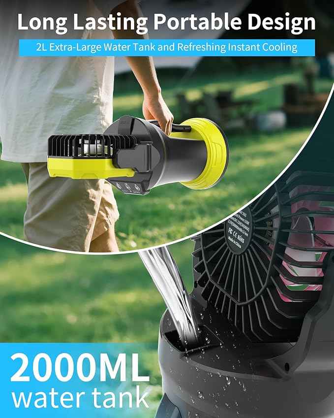 AVV Portable Misting Fan with RGB Ambient Light- 2L Water Tank, 4 Speeds & Spray Mist Fan, 30000mAh Rechargeable Misting Fans for Outdoor/Indoor Fans for Camping, Patio, Garden, Black-Green