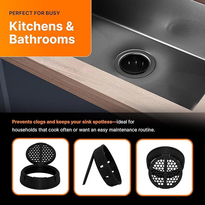 SplashNColor Pop Up Drain Strainer - 2-in-1 Durable Kitchen Accessory - Anti-Clogging Sink Drain Strainer Basket with Touch-Free Disposal for 3-1/2 Inch US Standard Drain - ABS - 30mm Height (Black)