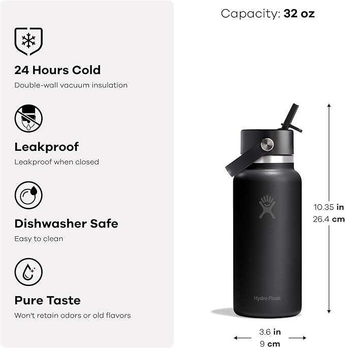 Hydro Flask Water Bottle - Insulated Stainless Steel - Wide Mouth Flex Straw Lid, Non Spill, Leakproof and Refillable in 32 Oz Harbor Blue