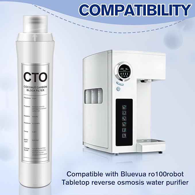 1 Pack CTO Water Filter Replacement Compatible with Bluevua RO100ROPOT, 1 CTO Water Filters, Improved Drink Quality, Easy to Replace for Household Daily Use Drinking