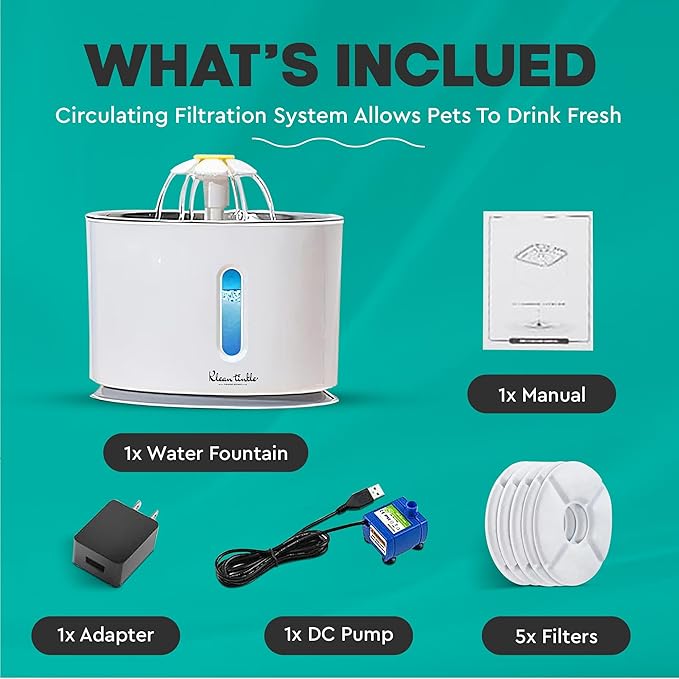 LED Automatic Pet Drinking Fountain Dispenser Bowl 2.4L (80 oz) Large Capacity White Cat Fountain with 5 Filters - 5 Month Supply - Small dog Fountain - Quite Design is Safe with Adjustable Water Flow