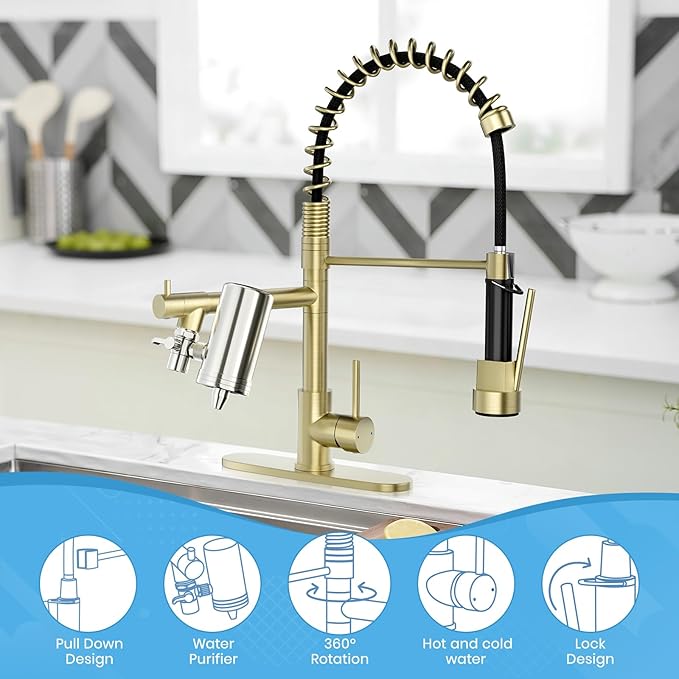 AIMADI Gold Kitchen Faucet with Water Filter and Deck Plate, Commercial Spring Brushed Gold Pull Down Kitchen Sink Faucet for Drinking Water, Farmhouse, RV, Utility or Laundry Sink