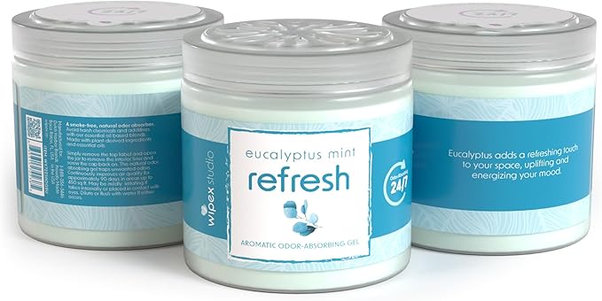 Wipex Odor Eliminator for Home - Eucalyptus & Mint Odor Absorber, 15 Oz Gel Jar, Long-Lasting Freshness, Ideal for Rooms, Offices, and Yoga Studios, Effective Odor Eliminator, 12pk