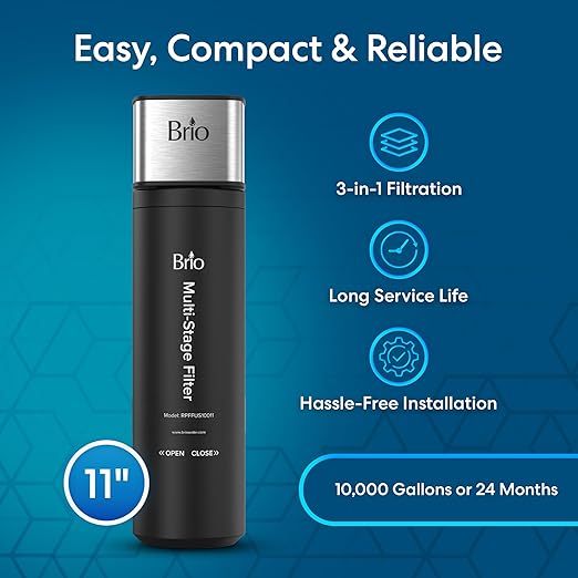 Brio 11" Under Sink Water Filter System for Kitchen & Bathroom Faucet | 3-Stage Single Housing 0.5 Micron Filters PFAS, Chlorine, Lead, Mercury+ | 10,000 Gallons or 2 Years | NSF 42 & 372 Certified