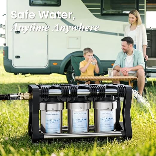 3 Stage RV Water Filter System, 0.2 Micron Camper High-Flow Water Filter System with Compact 5-Inch Filter Cartridge, 3-Stage Advanced RV Water Filtration System for RVs, Campers and Boats