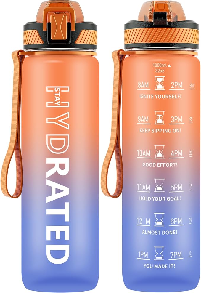 Water Bottle with Straw, 32oz Motivational Water Bottles with Time Marker to Drink, Tritan BPA Free, 1L Sports Water Bottle with Carry Strap LeakProof for Women Gym Fitness Outdoor (1 Pack)
