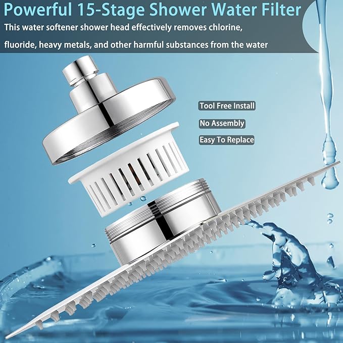 Filtered Shower Head, Stainless Steel High Flow Rainfall Showerhead with 15 Stage Hard Water Filter Cartridge for Remove Chlorine and Harmful Substances(Chrome,10")