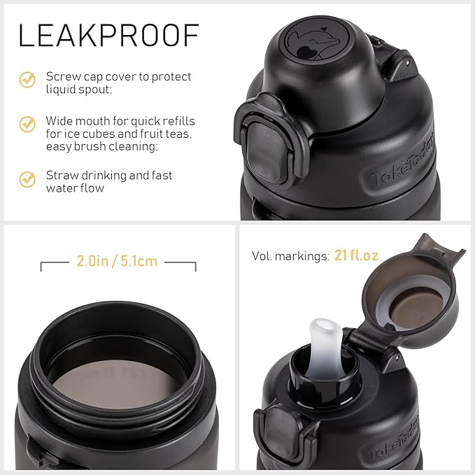 TakeToday Collapsible Water Bottles 20oz (600mL), Foldable Platinum Silicone Travel Water Bottle with Straw & Carry Strap, Leak-Resistant Screw Lid, Wide Mouth, BPA-Free for Hiking, Camping, Travel
