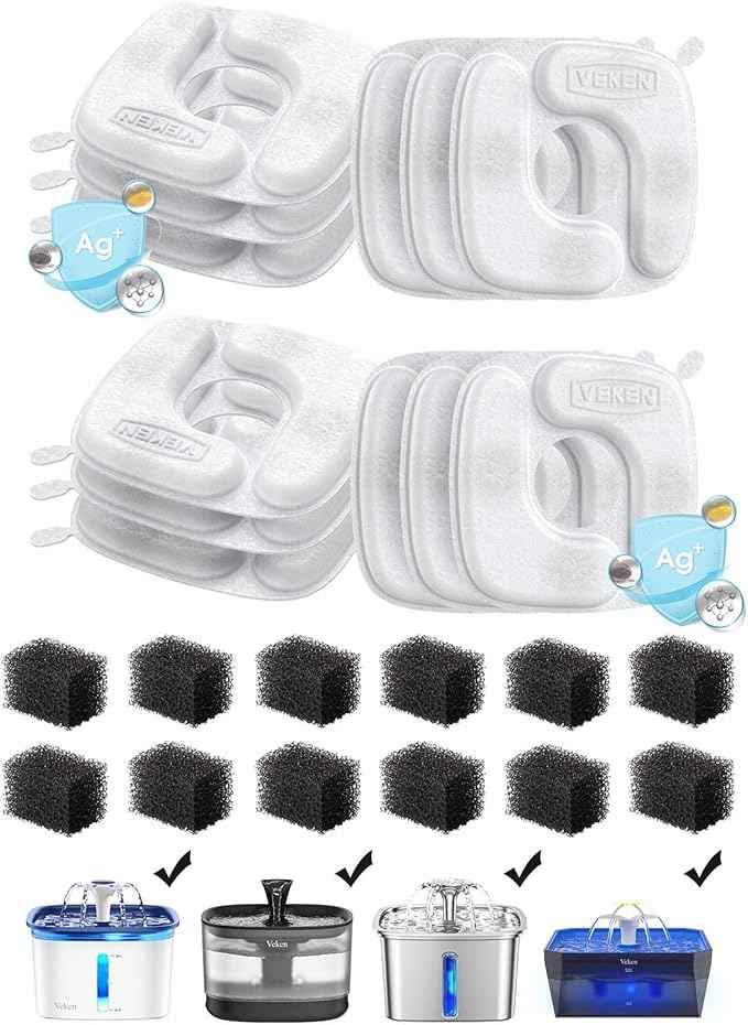 Veken Cat Water Fountain Filters, 12 Pack Replacement Filters & 12 Pack Replacement Pre-Filter Sponges Set for 50oz, 84oz, 95oz Automatic Pet Fountain Dog Water Dispenser - AquaVibe