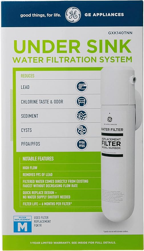 GE Single Stage Under Sink Water Filtration System & Filter | Reduces 95+ Impurities including Lead, Chlorine, Arsenic | Easy Install | Twist & Lock Design | GXK140TNN, FQK1R