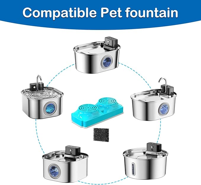 Cat Water Fountain Filter for 108oz/3.2L Wireless Cat Fountain,Replacement Filters for Stainless Steel Battery Operated Pet Fountain(3 Filters and 3 Sponges)