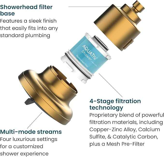 AquaTru Shower - Advanced Shower Filter Removes Impurities from Hard Water to Support Healthy Skin, Scalp, Hair, Reduce Breakage, and Enhance Your Beauty and Self-Care Routine (Brushed Gold)