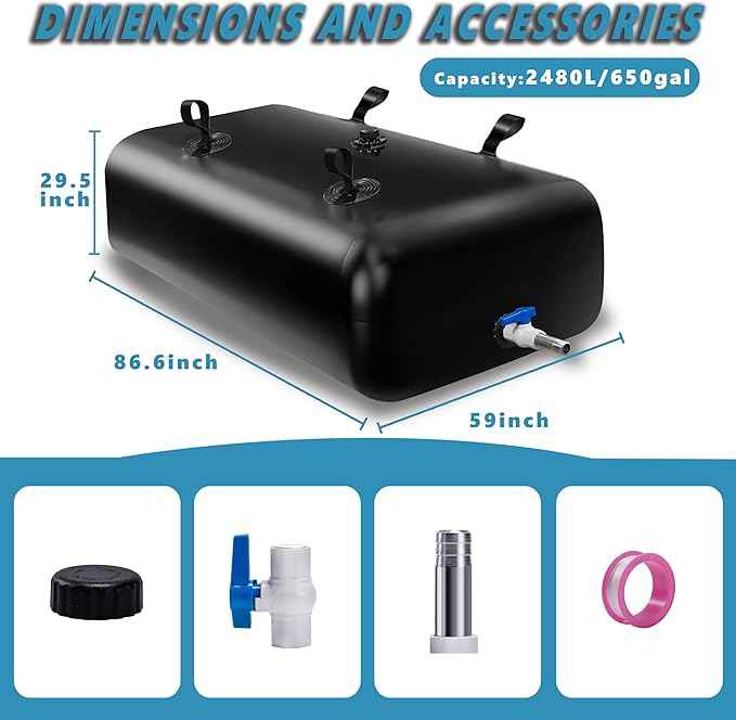 2480 L/650 Gal Water Bladder Tank, Foldable Portable Water Storage Container, Emergency Water Bag for RV, Truck Bed, Fire Prevention, Drought Resistance, Black