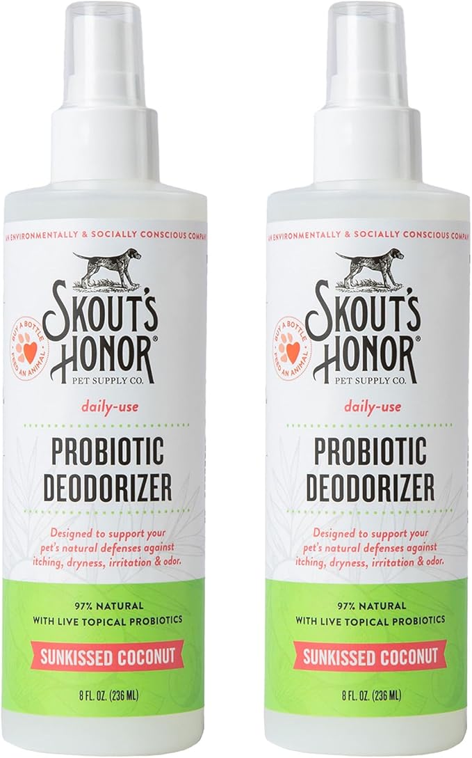 SKOUT'S HONOR Probiotic Pet Deodorizer Spray- Hydrating Daily-Use with Avocado Oil & Omega-3s, Microbiome Friendly Certiified, Paraben & Sulfate-Free, 97% Natural, 8oz, Sunkissed Coconut, 2-Pack - AquaVibe