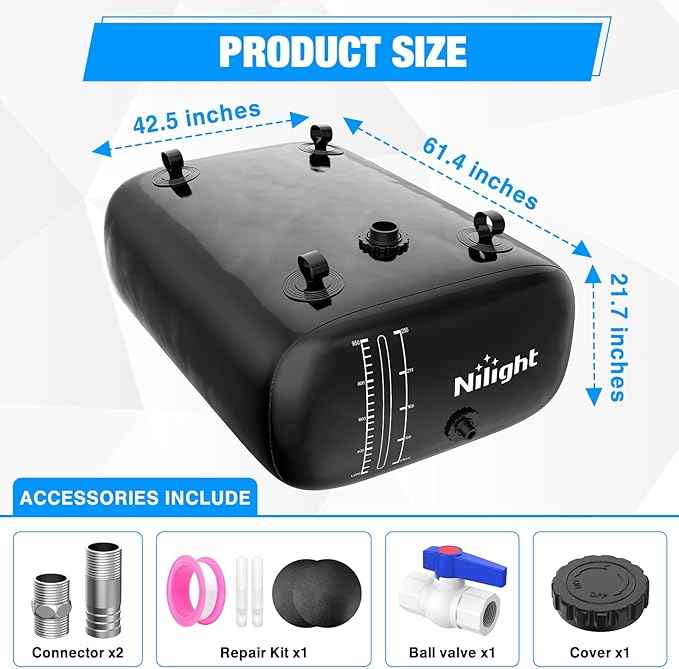 Nilight 246Gal/1000L Water Storage Bladder, RV Potable Water Bladder Tank Camping 1000D PVC Foldable Collapsible Storage Containers for Truck Bed Carrier Garden Irrigation Emergency Water Use, Black