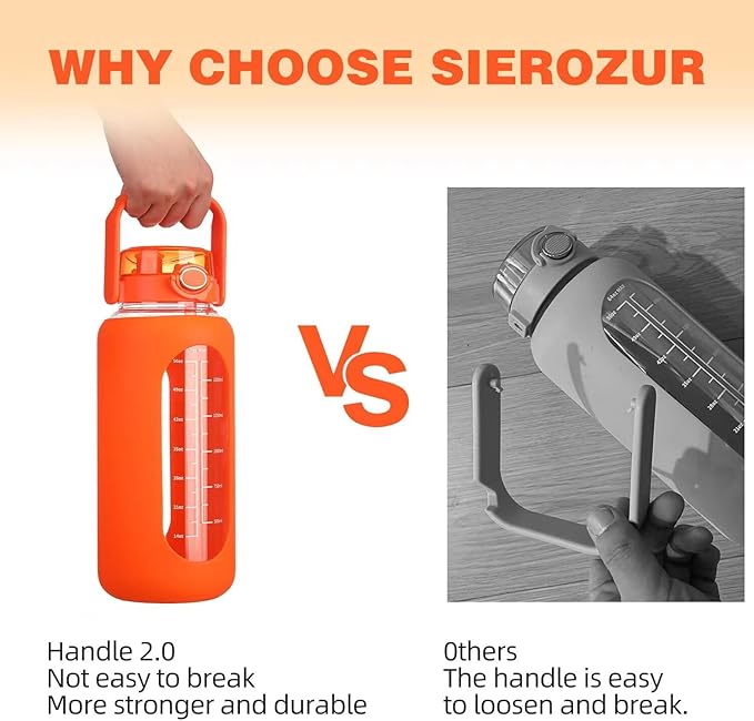 SIEROZUR 64 oz Glass Water Bottle with Straw and Handle Lid Half Gallon Motivational Glass Bottle with Silicone Sleeve and Time Marker Large Reusable Sports Water Jug for Gym Home Workout