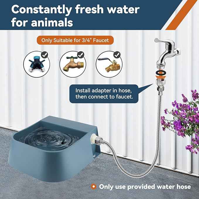 Dog Automatic Water Bowl for 3/4” GHT Male Faucet, 2L Outdoor Auto Fill Water Dispenser with 5ft Water Hose