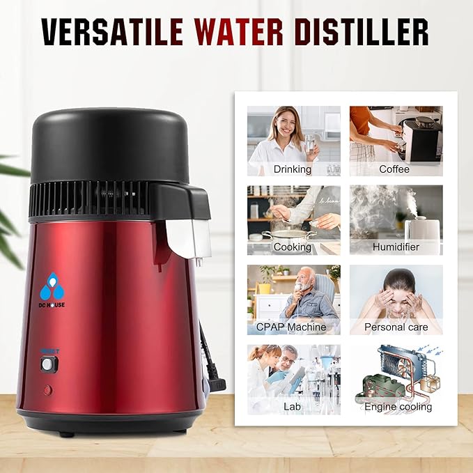 DC HOUSE Upgrade 1 Gallon Water Distiller, 4L Stainless Steel Home Countertop Drinking Pure Water Distiller Machine with On Off Switch, Glass Container