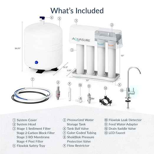 Aquasure Premier Pro 4-Stage 100 GPD RO Reverse Osmosis Under Sink Filtration System | Removes 99% of Contaminants | Leak-Proof, Quick Change Filters, with Tank & LED Indicator Drinking Water Faucet