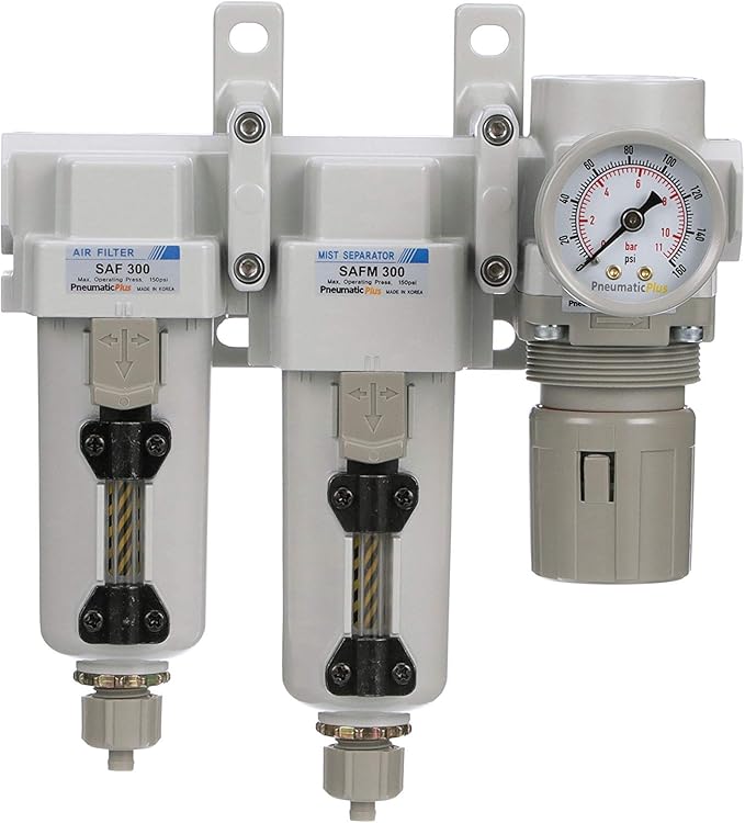 PneumaticPlus SAU330-N03G-MEP Three Stage Compressed Air Drying System - Particulate Air Filter, Coalescing Filter, Air Pressure Regulator Combo 3/8" NPT - Metal Bowl, Manual Drain, Gauge - AquaVibe