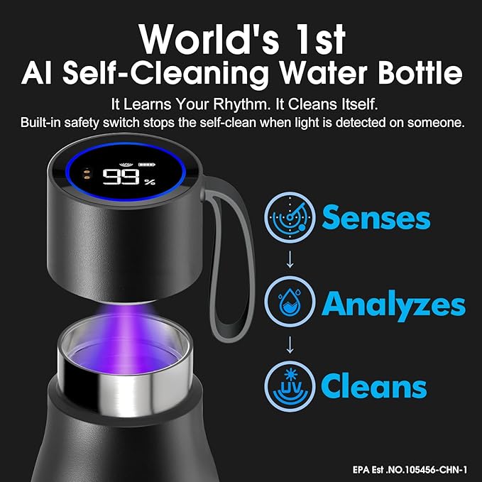 VSITOO 15oz Smart Self Cleaning Water Bottle，Insulated Water Bottle with Stainless Steel, BPA-Free, AI Self-Clean, 30-Day Battery, Magnetic Charging for Travel, Gym or Office, Black