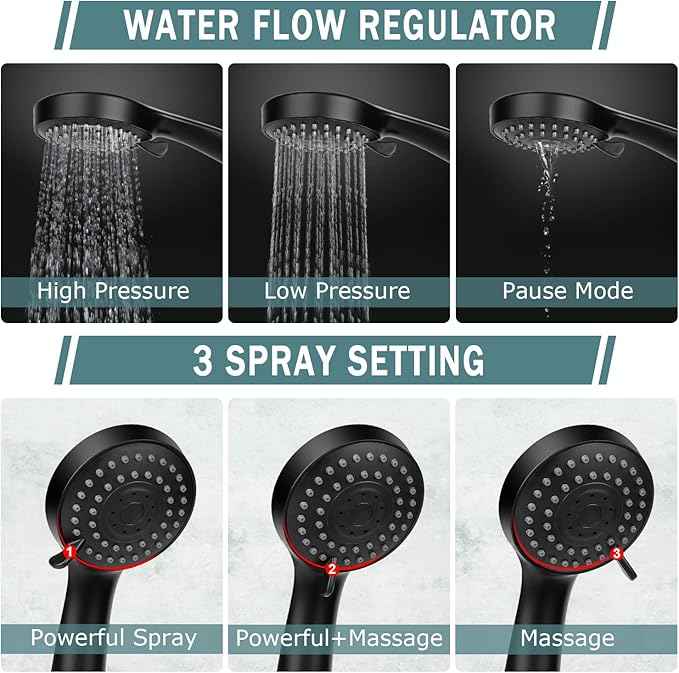 Taiker Filtered Shower Head, High Pressure Rainfall Shower Head/Handheld Shower Filter Combo, Luxury Modern Chrome Plated with 60'' Hose Anti-leak with Holder (Black)