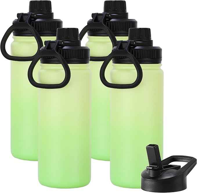 DOMICARE 16 oz Kids Water Bottle for School Stainless Steel Double Wall Vacuum Insulated Water Bottle with Straw lids & Spout Lid, Leakproof BPA Free (Green gradient,4)