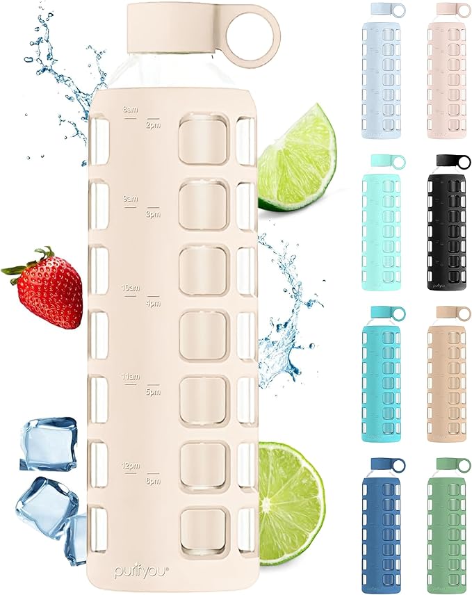 purifyou 40oz / 32oz / 22oz / 12oz Borosilicate Glass Water Bottle with Time & Volume Markers, Silicone Sleeve, Stainless Steel Lid | Reusable Glass Bottle for Water & Juice (32oz Pearled Ivory)