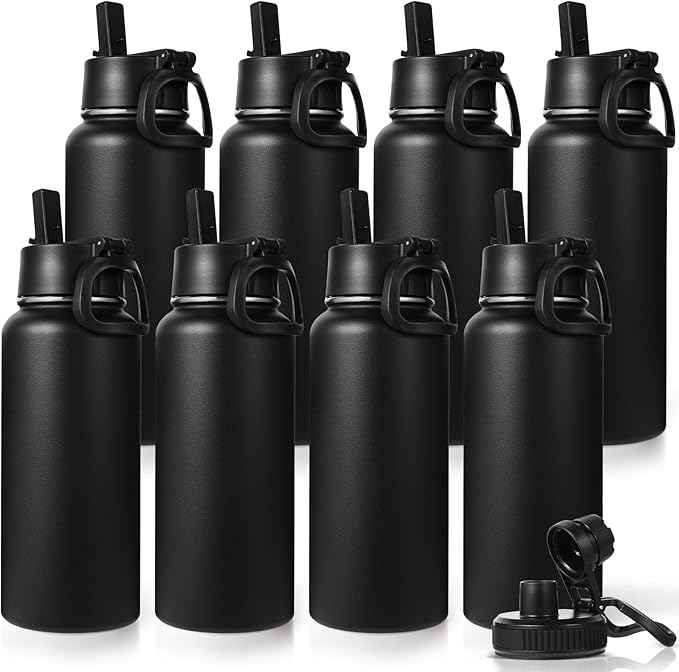 Neihepal 32 oz Insulated Water Bottles Bulk with 2 Lids (Straw & Spout Lid), Stainless Steel Double Wall Water Bottle, Personalized Powder Coated for Laser Engrave (Black,8 Pack)