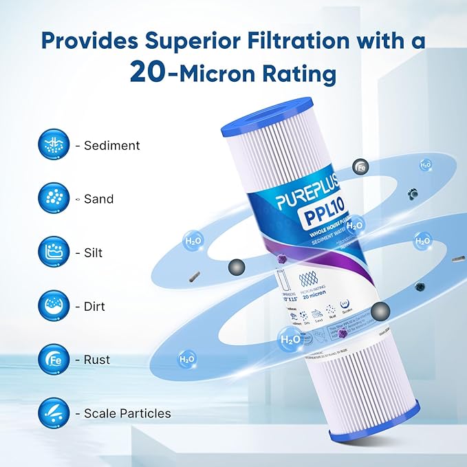 PUREPLUS 20 Micron 10"x2.5" Whole House Pleated Sediment Filter for Well Water, Replacement Cartridge for Universal 10 inch RO System, W50PE, WFPFC3002, SPC-25-1050, FM-50-975, 801-50, WB-50W, 4Pack