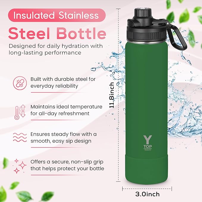Y TOP 24oz Insulated Water Bottle Leak Proof Spout Lid Fits in Car Cup Holder – Double Wall Dishwasher Safe Easy Clean stainless steel drinking water bottle for Gym Kids Sports Travel Hiking School