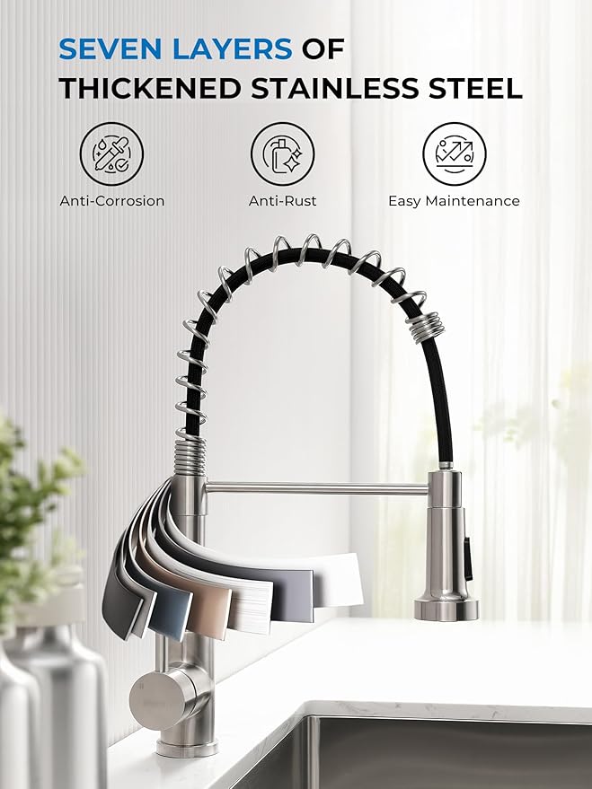 WEWE Kitchen Sink Faucet, Kitchen Faucets with Pull Down Sprayer Stainless Steel Single Handle Single Hole Brushed Nickel Commercial Industrial Spring Pull Out Laundry Farmhouse Kitchen Faucet