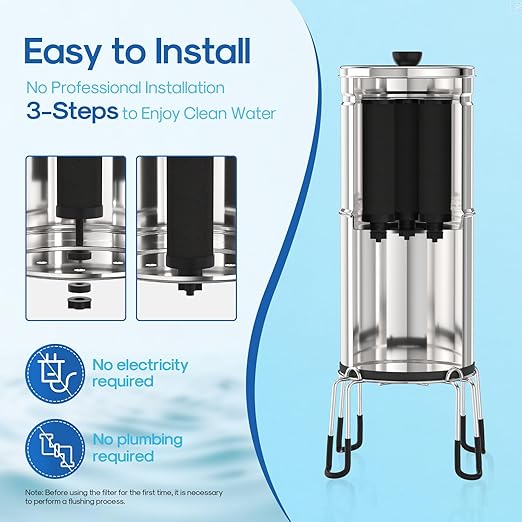 ICEPURE 3-Stage Gravity Water Filter System with Water Level Window, 304 Stainless Steel Countertop Gravity-fed Water Filtration System with 3 Filters and 1 Stand, Reduce 99% Chlorine 3G High Capacity
